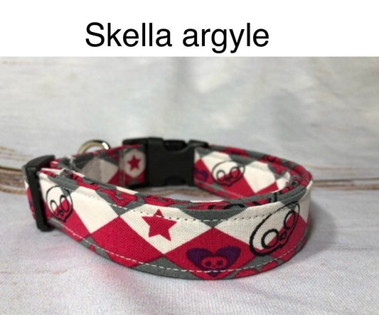 Argyle dog collar, punk dog collar, skull dog collar, pink, white, side release collar, adjustable, washable, girl dog collar, eco friendly