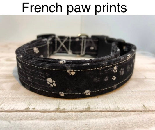Paw print dog collar, black dog collar, adjustable collar, washable collar, side release collar, fabric dog collar, eco friendly, paws