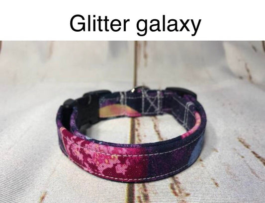Galaxy dog collar, celestial dog collar, glitter, purple, adjustable collar, side release collar, fabric dog collar, washable collar, girl
