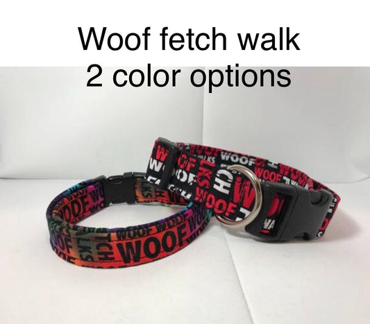 Dog Collar, dog collar boy, martingale collar, adjustable collar, buckle dog collar, dog print, woof, fetch, walk, tie dye, red and black