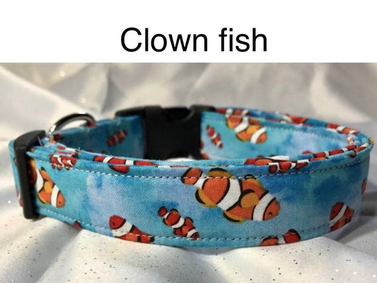 Fish dog collar, clownfish dog collar, sea life, side release collar, adjustable collar, fabric dog collar, washable collar, orange, blue
