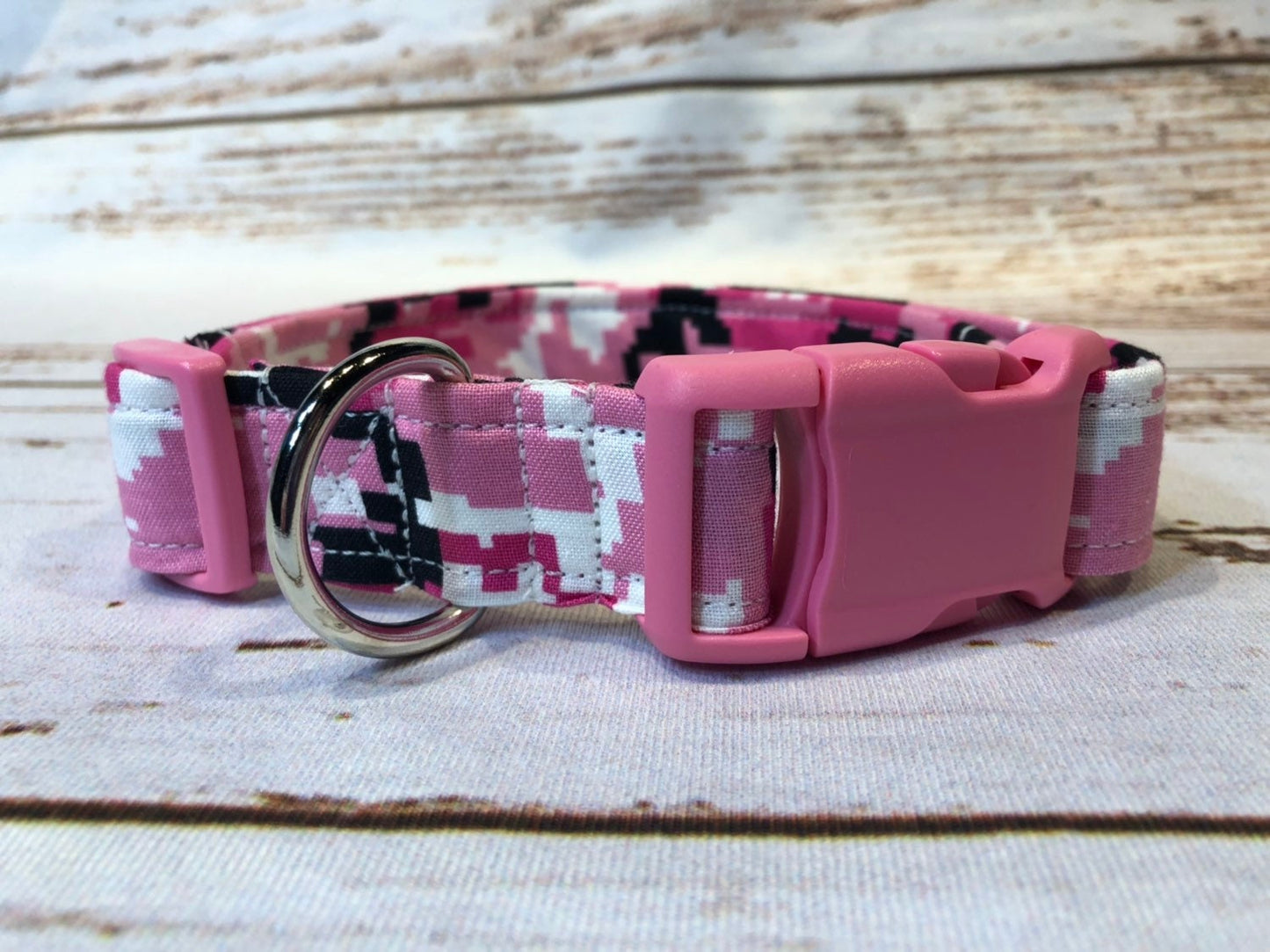 Dog Collar, fabric dog collar, camouflage dog collar, adjustable collar, nylon dog collar, pink camouflage collar, pink camo, pink, camouflage