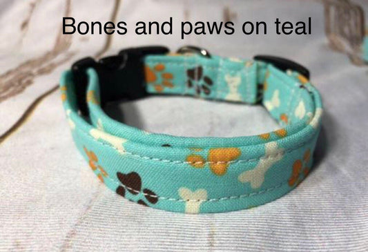 Dog Collar, teal dog collar, martingale collar, adjustable collar, strong dog collar, buckle dog collar, dog collar boy, bones, paws, teal