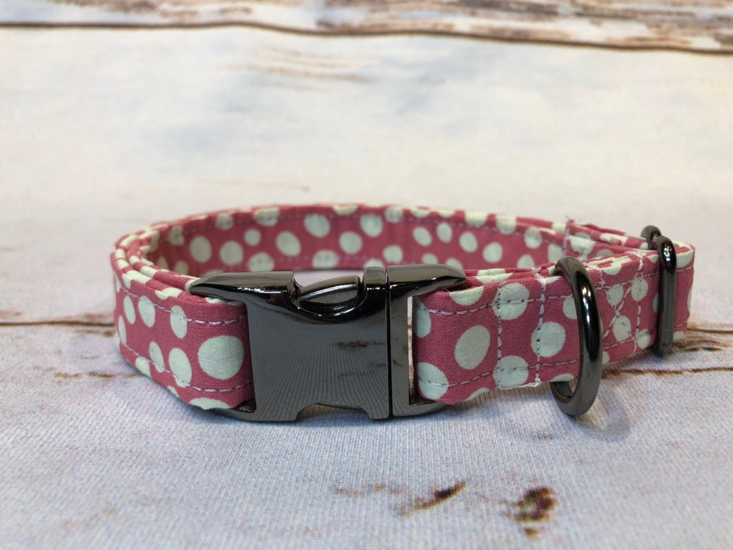 Dog Collar, adjustable collar, pink polka dot dog collar, metal dog collar, buckle dog collar, gunmetal, dusty rose, polka dot