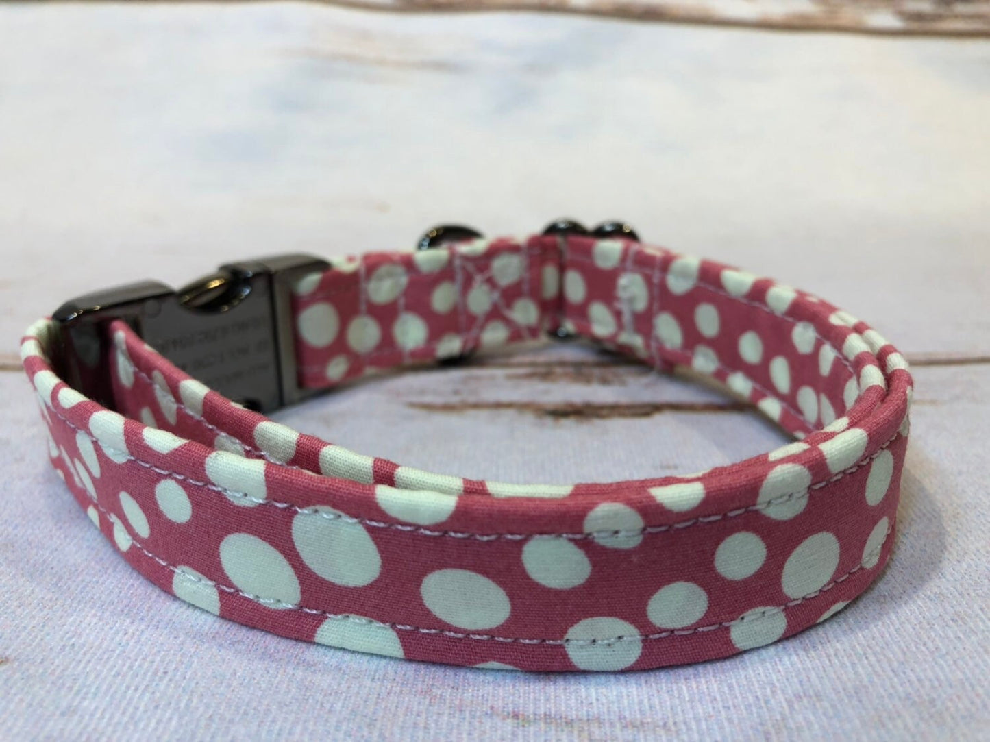 Dog Collar, adjustable collar, pink polka dot dog collar, metal dog collar, buckle dog collar, gunmetal, dusty rose, polka dot