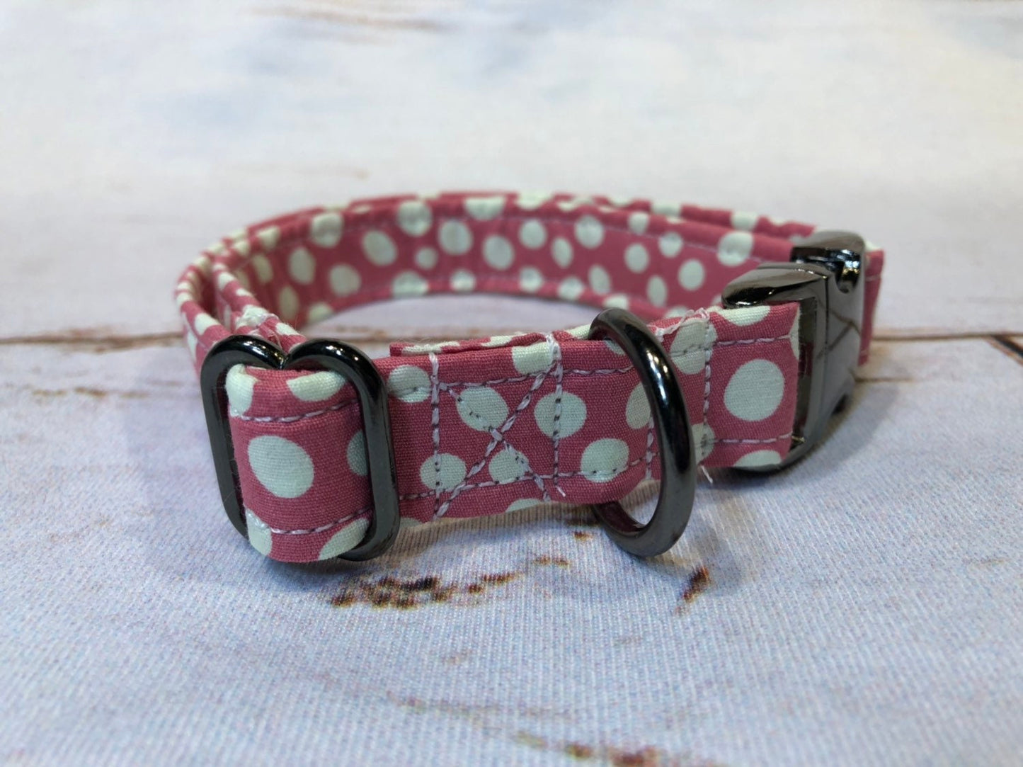 Dog Collar, adjustable collar, pink polka dot dog collar, metal dog collar, buckle dog collar, gunmetal, dusty rose, polka dot