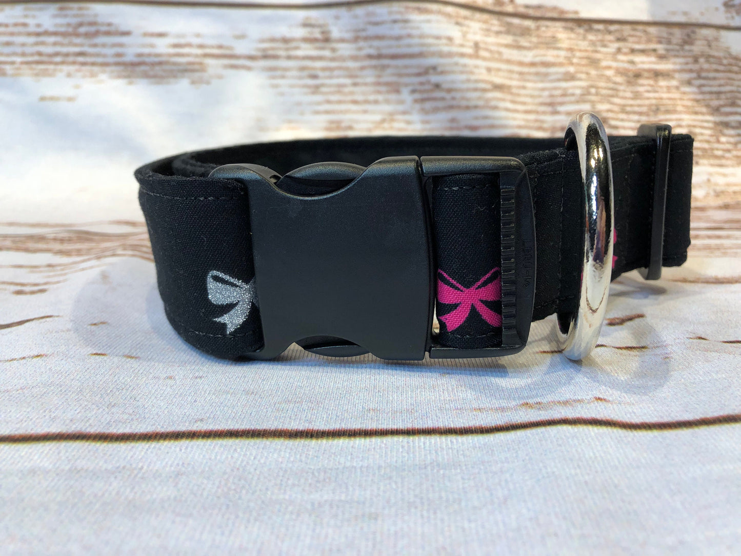 Bow dog collar, black dog collar, pink, silver, girly dog collar, sparkles, adjustable, washable, eco friendly, side release collar, black