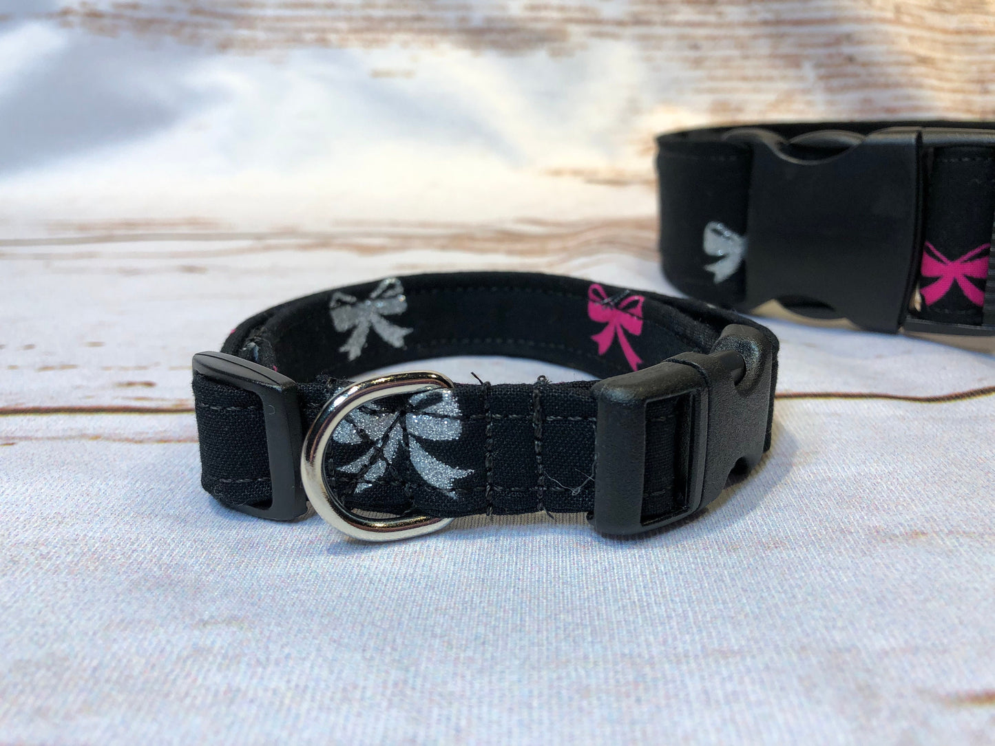Bow dog collar, black dog collar, pink, silver, girly dog collar, sparkles, adjustable, washable, eco friendly, side release collar, black