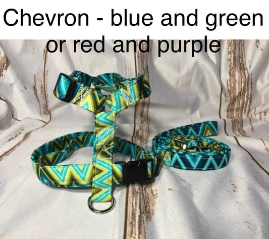 Dog harness, Harness and leash, step in harness, standard harness, dog harness set, adjustable harness, chevron harness, chevron, blue, red