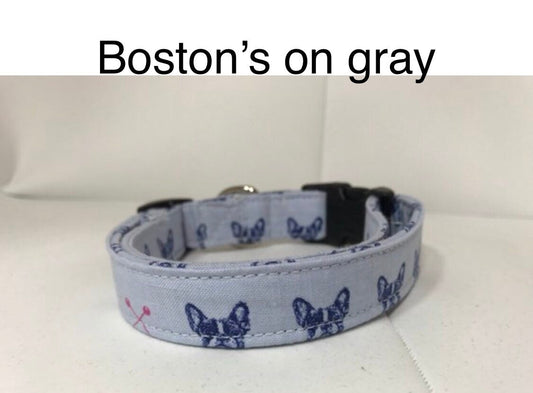 Boston terrier dog collar, Frenchie dog collar, adjustable collar, washable, eco friendly, side release collar, fabric dog collar, gray