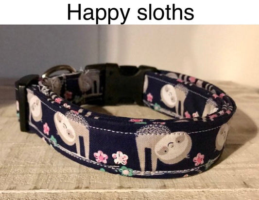 Sloth dog collar, happy sloth, funny dog collar, adjustable collar, side release collar, washable, blue, gray, fabric collar, sloth baby