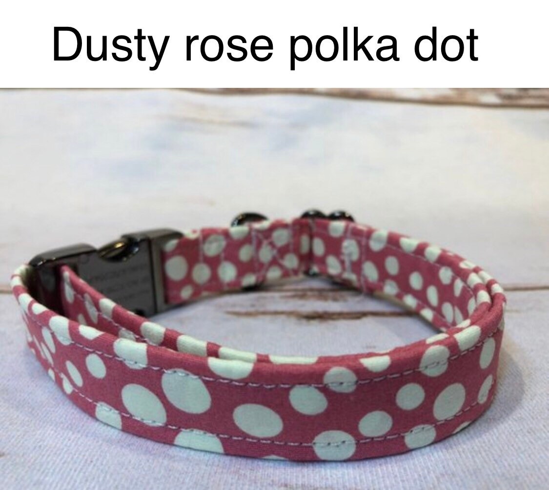 Dog Collar, adjustable collar, pink polka dot dog collar, metal dog collar, buckle dog collar, gunmetal, dusty rose, polka dot
