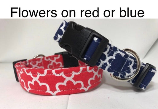 Floral dog collar, red floral, blue floral, adjustable collar, washable collar, side release collar, red flower, blue flower, fabric collar