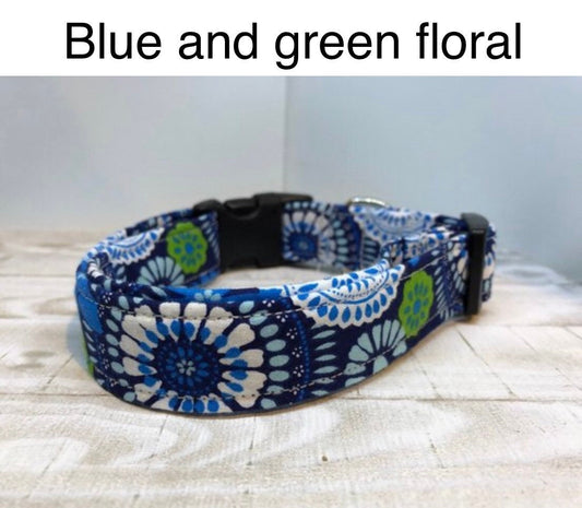 Floral dog collar, blue, green, girl dog collar, flower dog collar, adjustable collar, washable collar, eco friendly, side release collar,