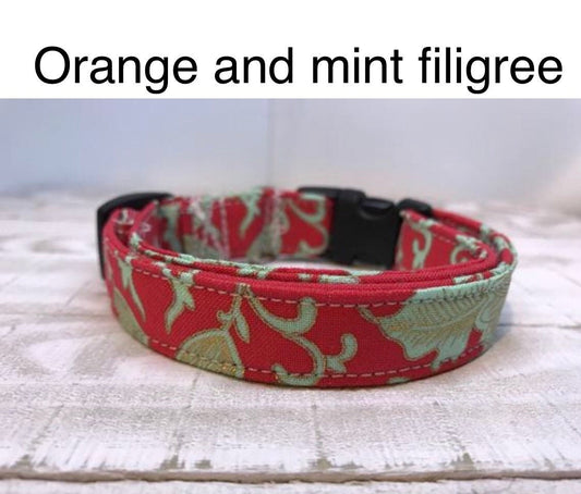 Mint green dog collar, orange dog collar, girl dog collar, side release, adjustable collar, washable dog collar, fabric dog collar, floral