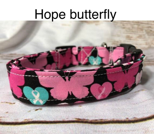 Hope butterfly dog collar, cancer awareness ribbon dog collar, quick release, side release, adjustable, washable pet collar