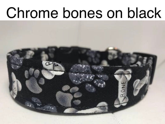 Bone dog collar, black dog collar, dog bones, chrome bones, adjustable collar, washable, side release collar, fabric dog collar, unisex