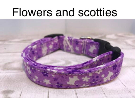 Dog Collar, girl dog collar, Scotty dog collar, adjustable collar, buckle dog collar, purple flowers, purple, floral, flowers, scotty dog