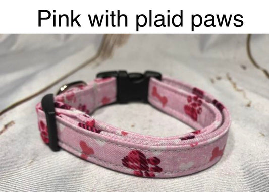 Dog Collar, girl dog collar, pink paw dog collar, martingale, adjustable collar, buckle dog collar,  pink, plaid, paws, pink dog collar