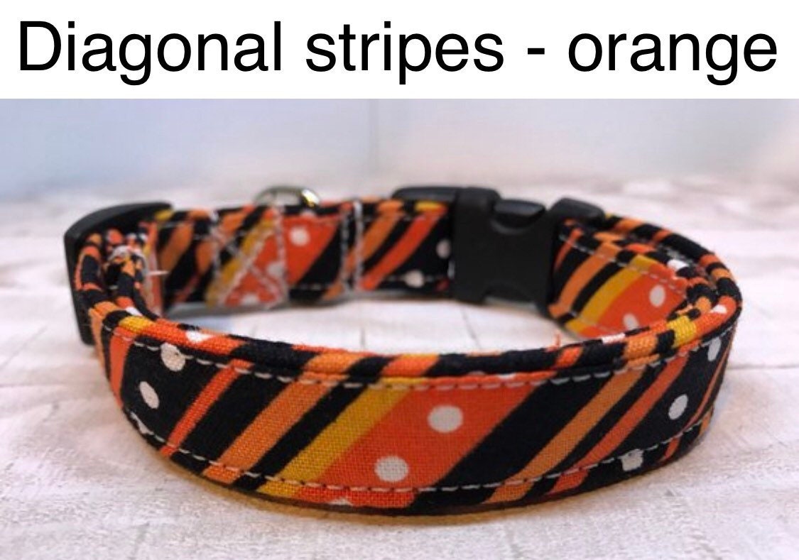Dog Collar, girl dog collar, boy dog collar, orange stripe collar, adjustable collar, buckle dog collar, orange, black, diagnonal,  stripes