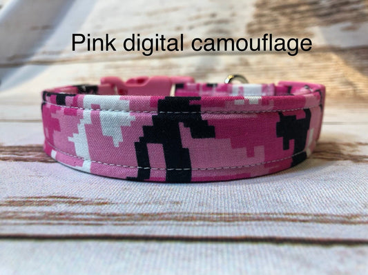 Dog Collar, fabric dog collar, camouflage dog collar, adjustable collar, nylon dog collar, pink camouflage collar, pink camo, pink, camouflage