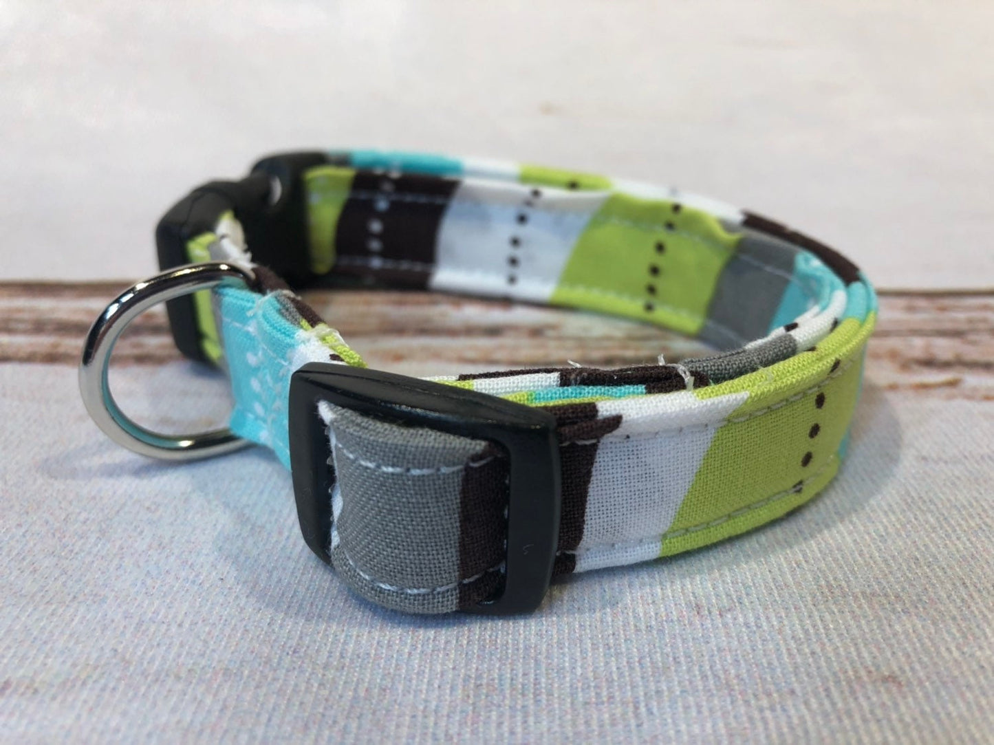 Dog Collar, dog collar unisex, fabric dog collar, teal and lime dog collar, nylon, adjustable collar, buckle dog collar, teal, lime, brown, waves