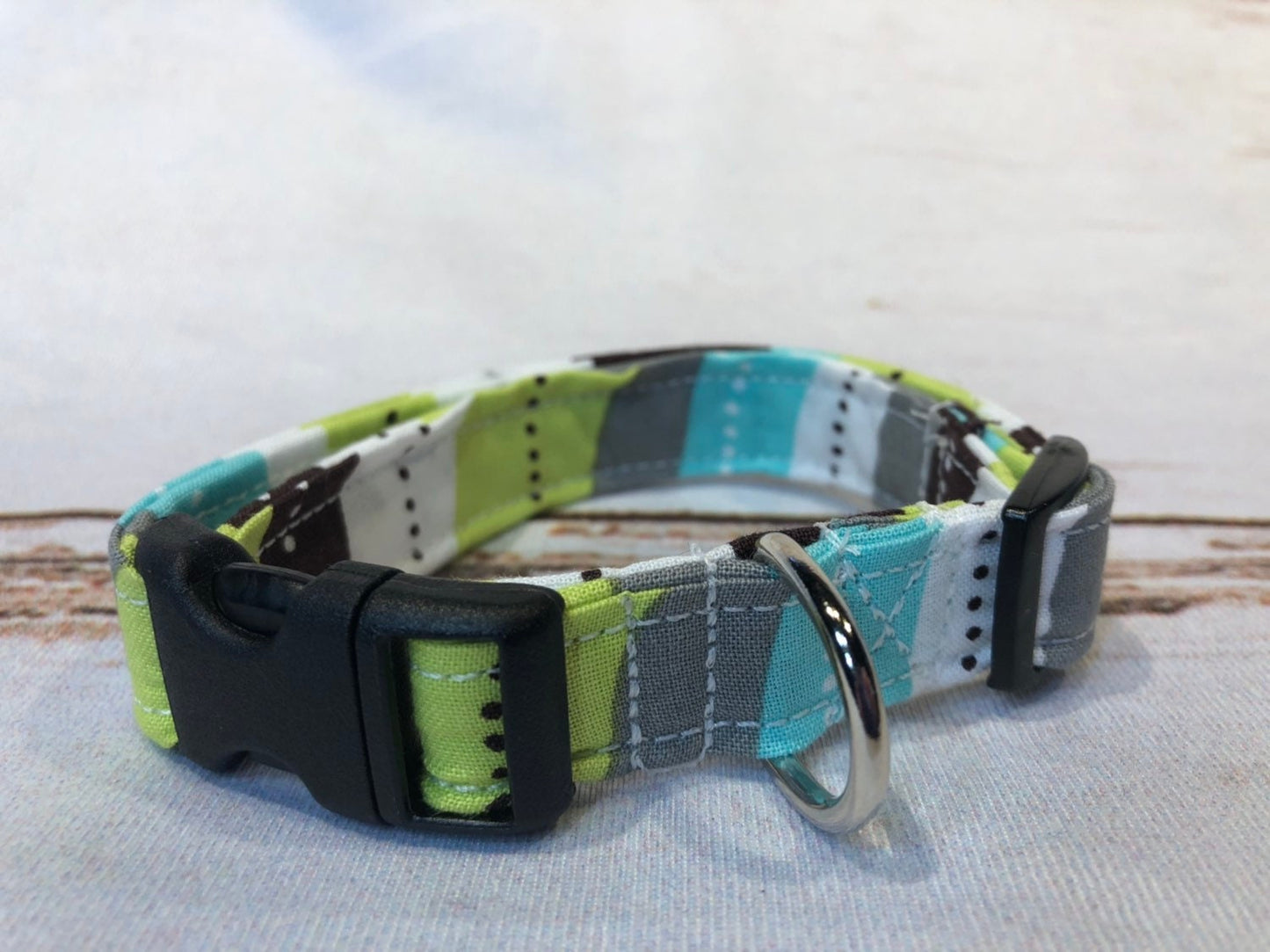 Dog Collar, dog collar unisex, fabric dog collar, teal and lime dog collar, nylon, adjustable collar, buckle dog collar, teal, lime, brown, waves