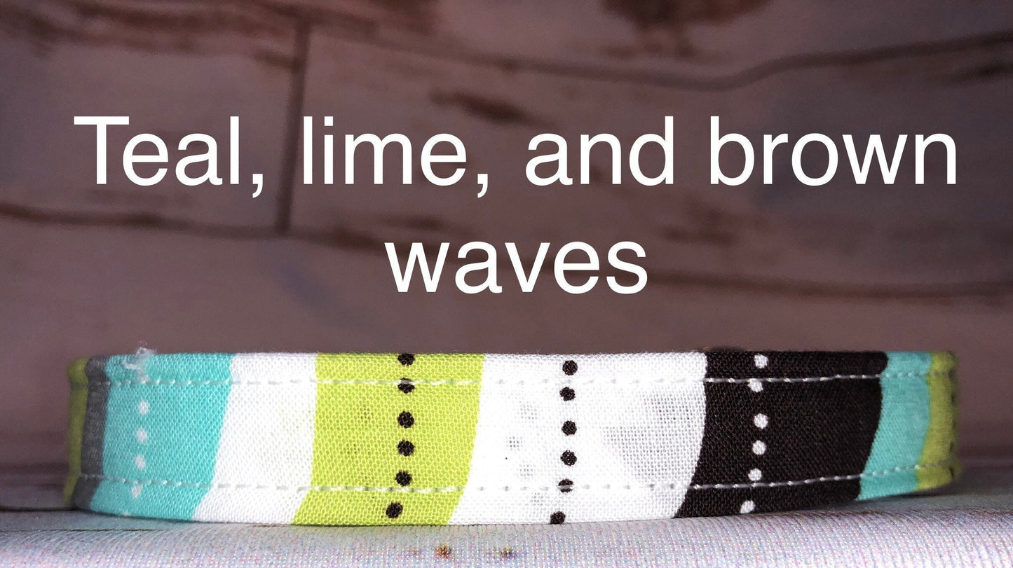 Dog Collar, dog collar unisex, fabric dog collar, teal and lime dog collar, nylon, adjustable collar, buckle dog collar, teal, lime, brown, waves
