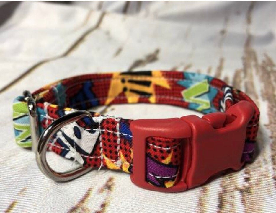 Comic book dog collar, red dog collar, adjustable dog collar, side release collar, fabric dog collar, washable, red, comic book theme