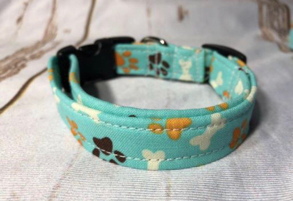 Dog Collar, teal dog collar, martingale collar, adjustable collar, strong dog collar, buckle dog collar, dog collar boy, bones, paws, teal