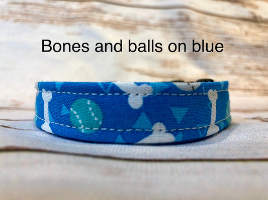 Dog Collar, blue dog collar, boy dog collar, martingale collar, adjustable collar, nylon collar, buckle dog collar, ball, bones, blue