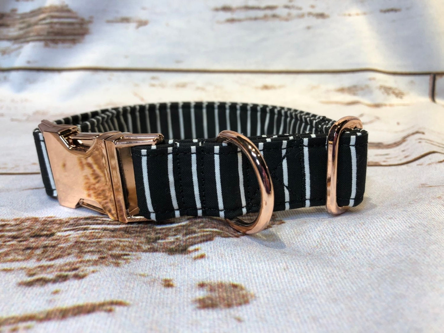Dog Collar, adjustable collar, striped dog collar, rose gold buckle, striped dog collar, rose gold hardware, buckle dog collar, black stripe