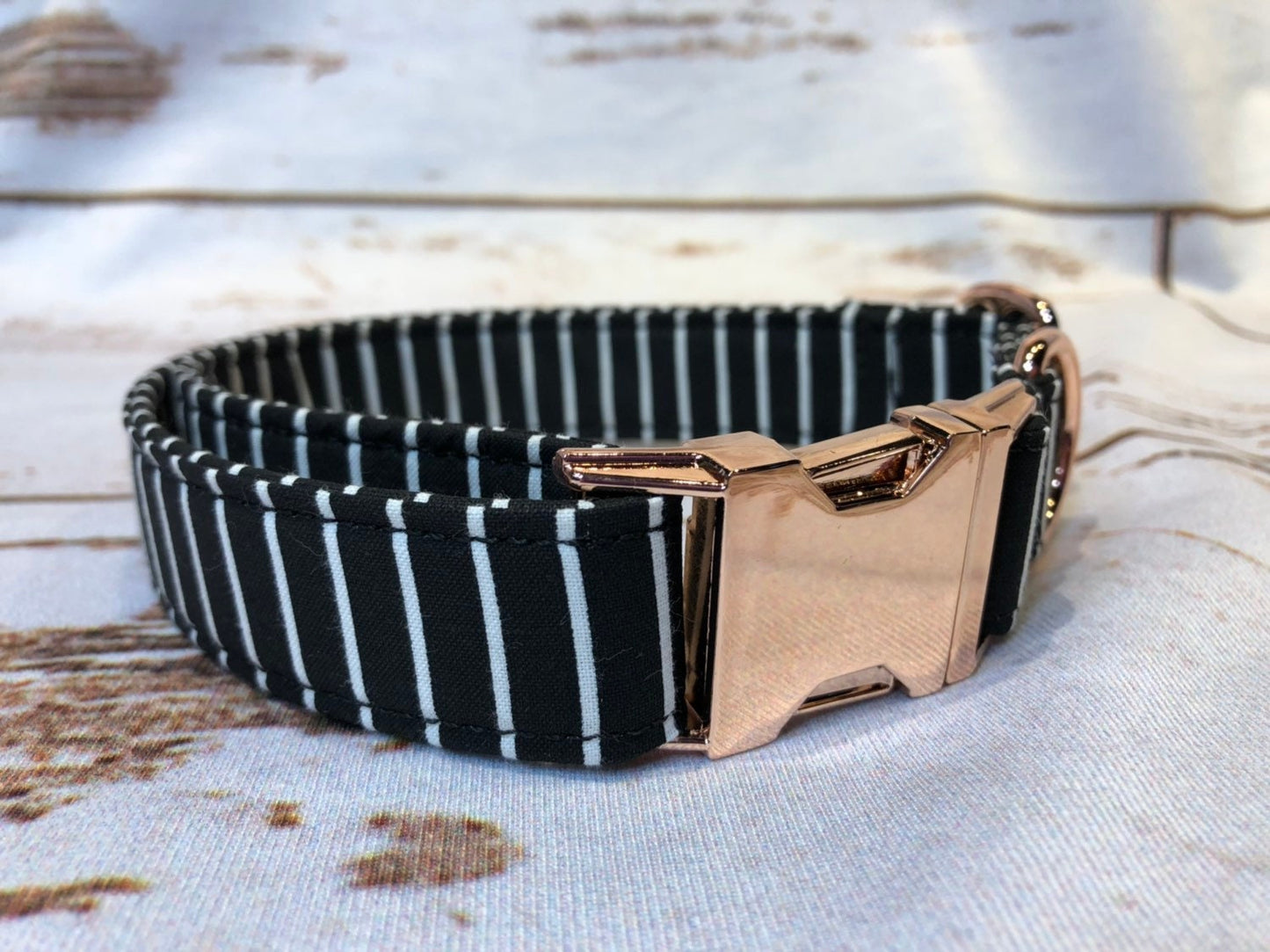 Dog Collar, adjustable collar, striped dog collar, rose gold buckle, striped dog collar, rose gold hardware, buckle dog collar, black stripe