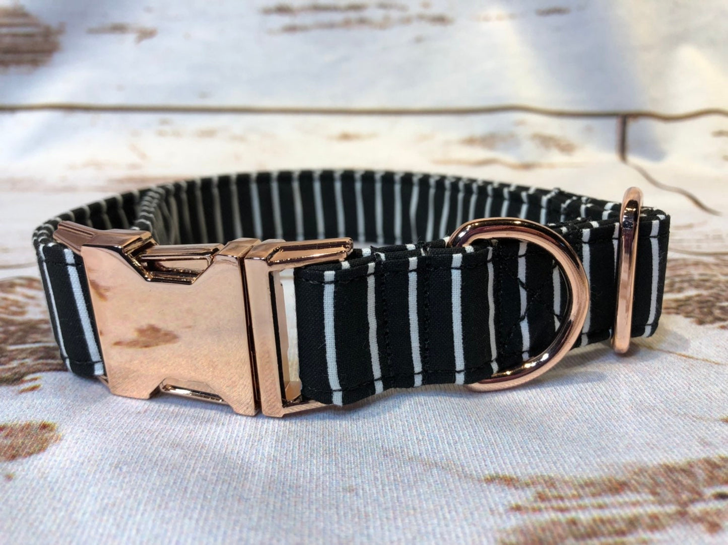 Dog Collar, adjustable collar, striped dog collar, rose gold buckle, striped dog collar, rose gold hardware, buckle dog collar, black stripe