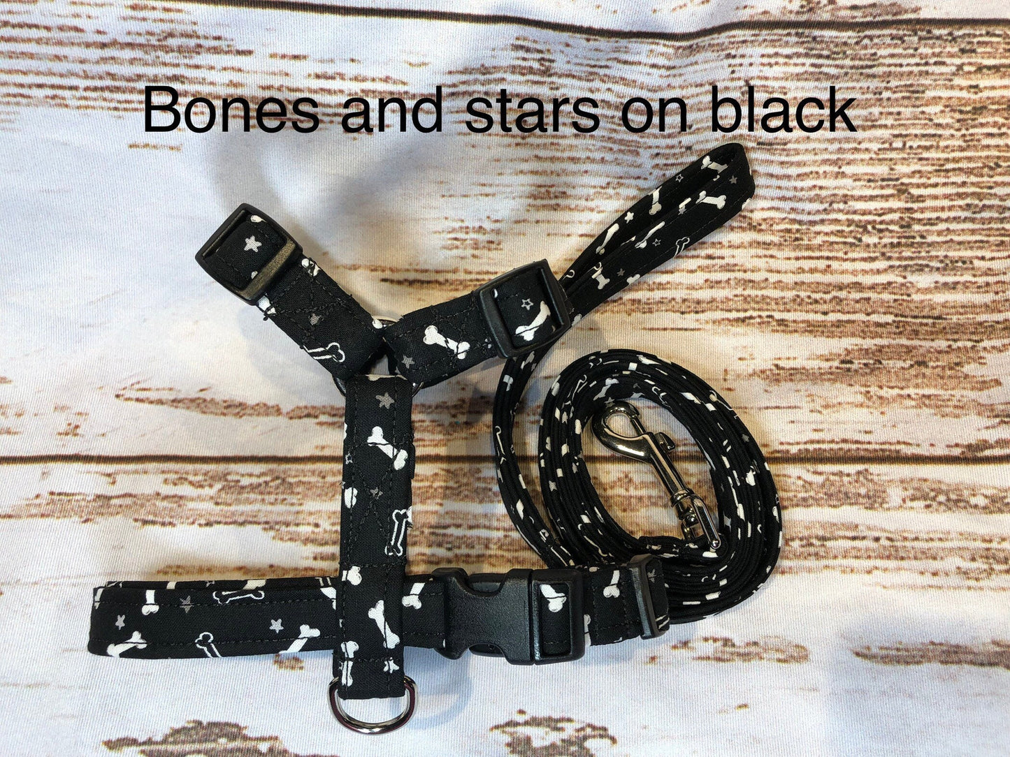 Dog harness, Harness and leash, step in harness, standard harness, boy dog harness, adjustable, dog harness set, black, bones, bone, stars
