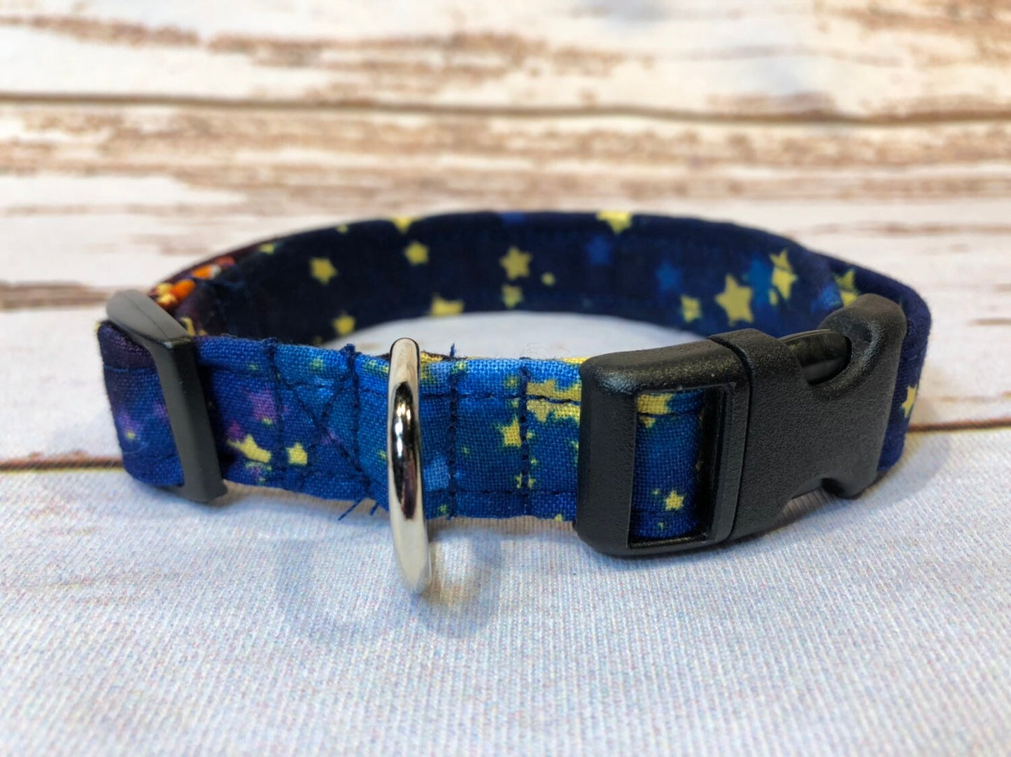 Galaxy dog collar, celestial dog collar, star dog collar, adjustable collar, washable collar, side release collar, eco friendly, blue, stars