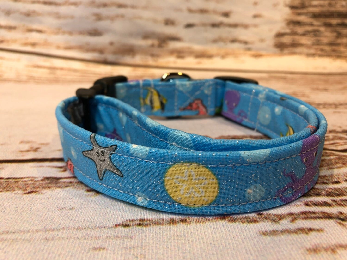Sea creature dog collar, fish dog collar, sparkles, ocean life, adjustable collar, side release collar, washable collar, fabric dog collar