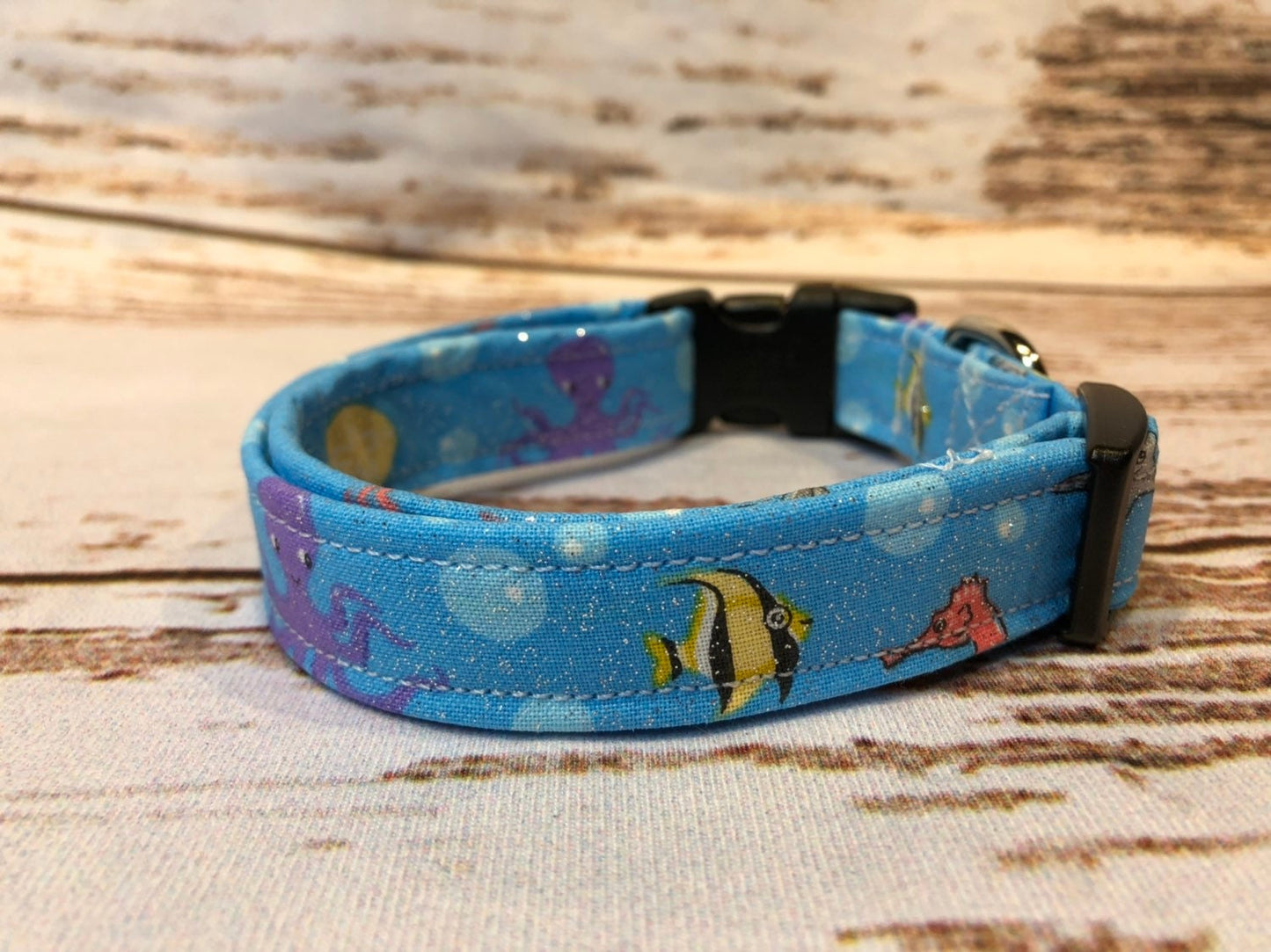 Sea creature dog collar, fish dog collar, sparkles, ocean life, adjustable collar, side release collar, washable collar, fabric dog collar