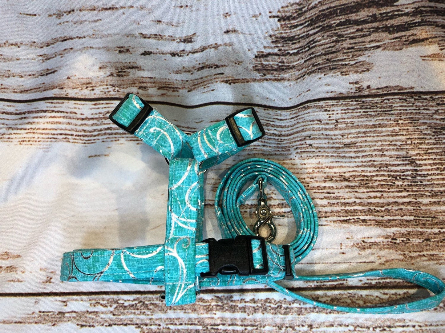 Dog harness, Harness and leash, step in harness, standard harness, adjustable harness, blue dog harness, blue, green silver, swirl