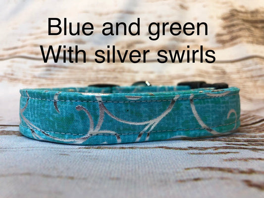 Dog Collar, girl dog collar, designer dog collar, martingale, adjustable collar, buckle collar, blue dog collar, silver, green, silver swirl