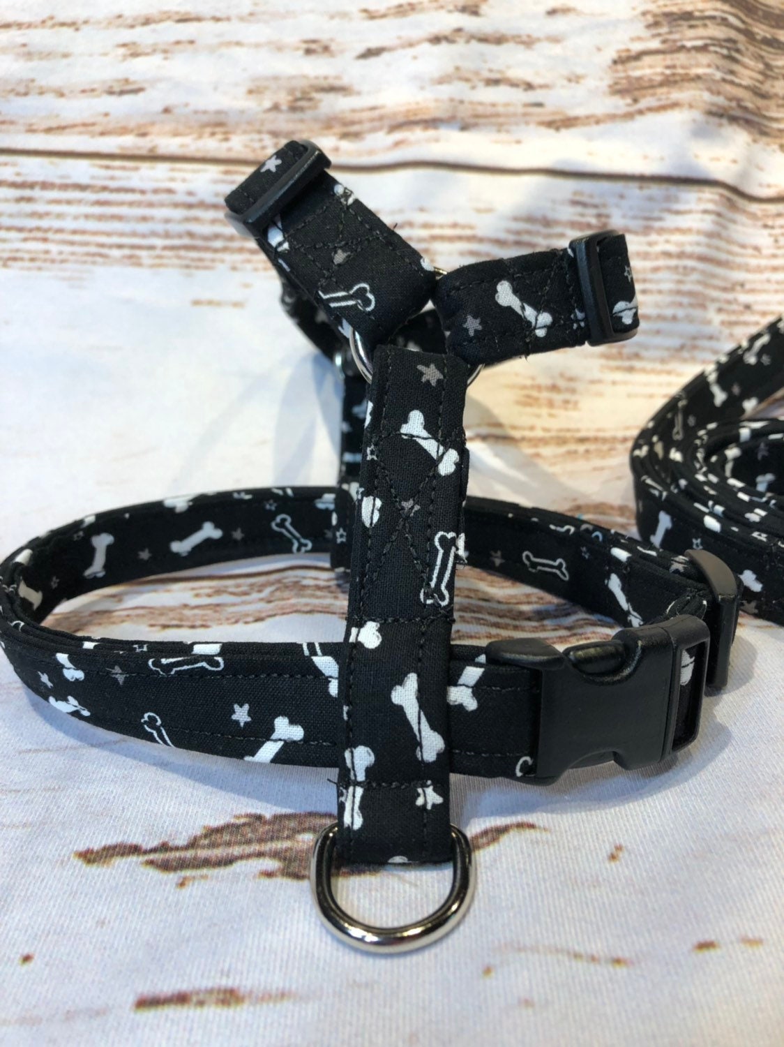 Dog harness, Harness and leash, step in harness, standard harness, boy dog harness, adjustable, dog harness set, black, bones, bone, stars