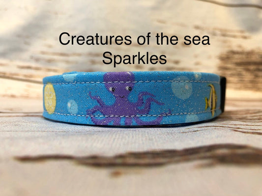 Sea creature dog collar, fish dog collar, sparkles, ocean life, adjustable collar, side release collar, washable collar, fabric dog collar