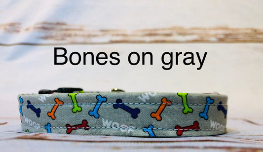 Dog Collar, boy dog collar, unisex dog collar, side release, adjustable collar, Buckle dog collar, dog bones, gray collar, bones on gray