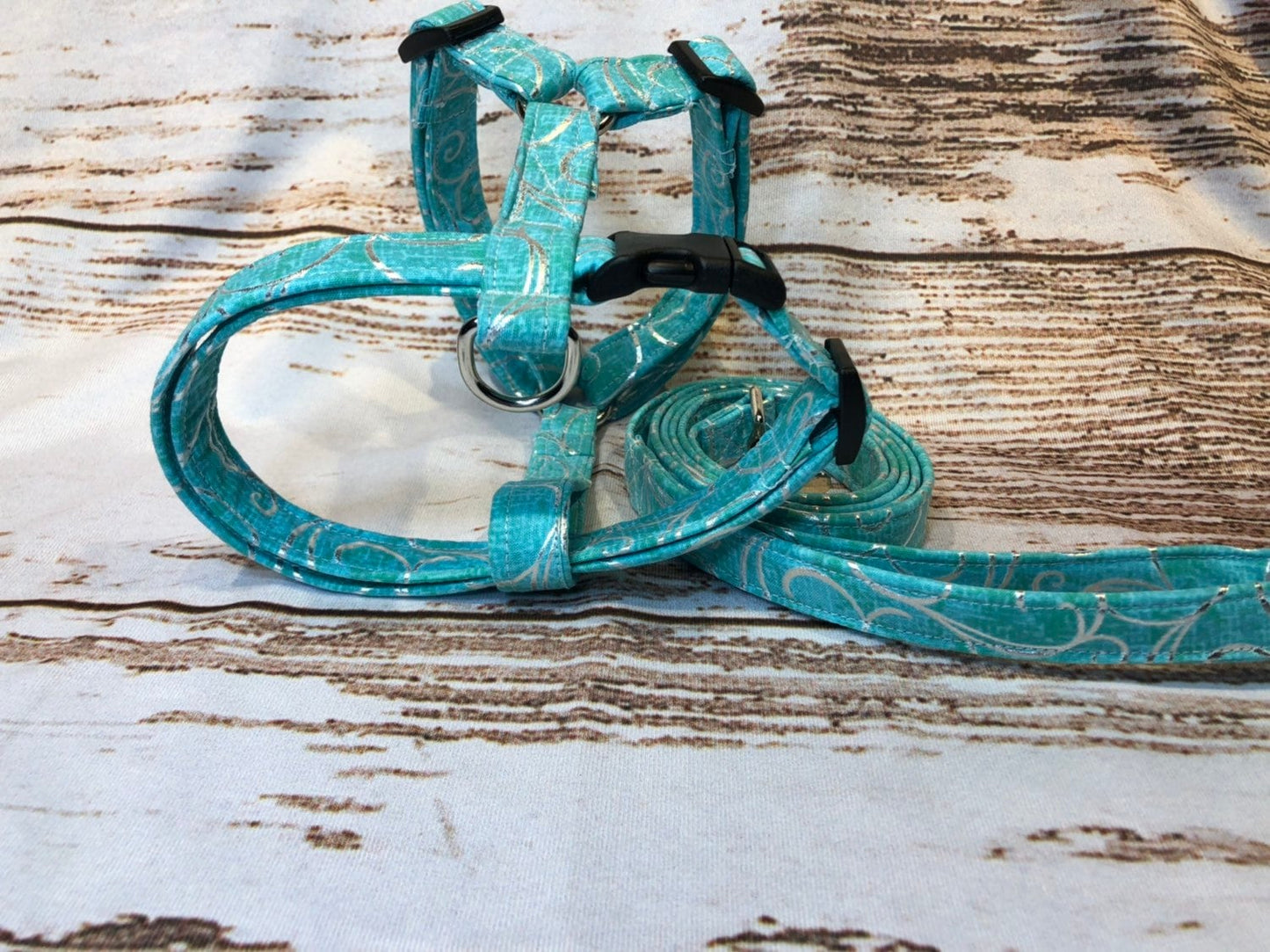 Dog harness, Harness and leash, step in harness, standard harness, adjustable harness, blue dog harness, blue, green silver, swirl