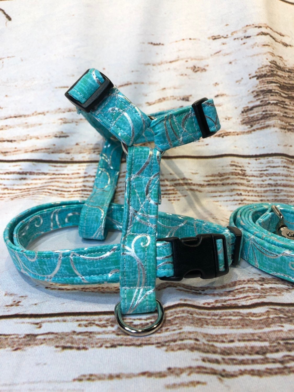 Dog harness, Harness and leash, step in harness, standard harness, adjustable harness, blue dog harness, blue, green silver, swirl