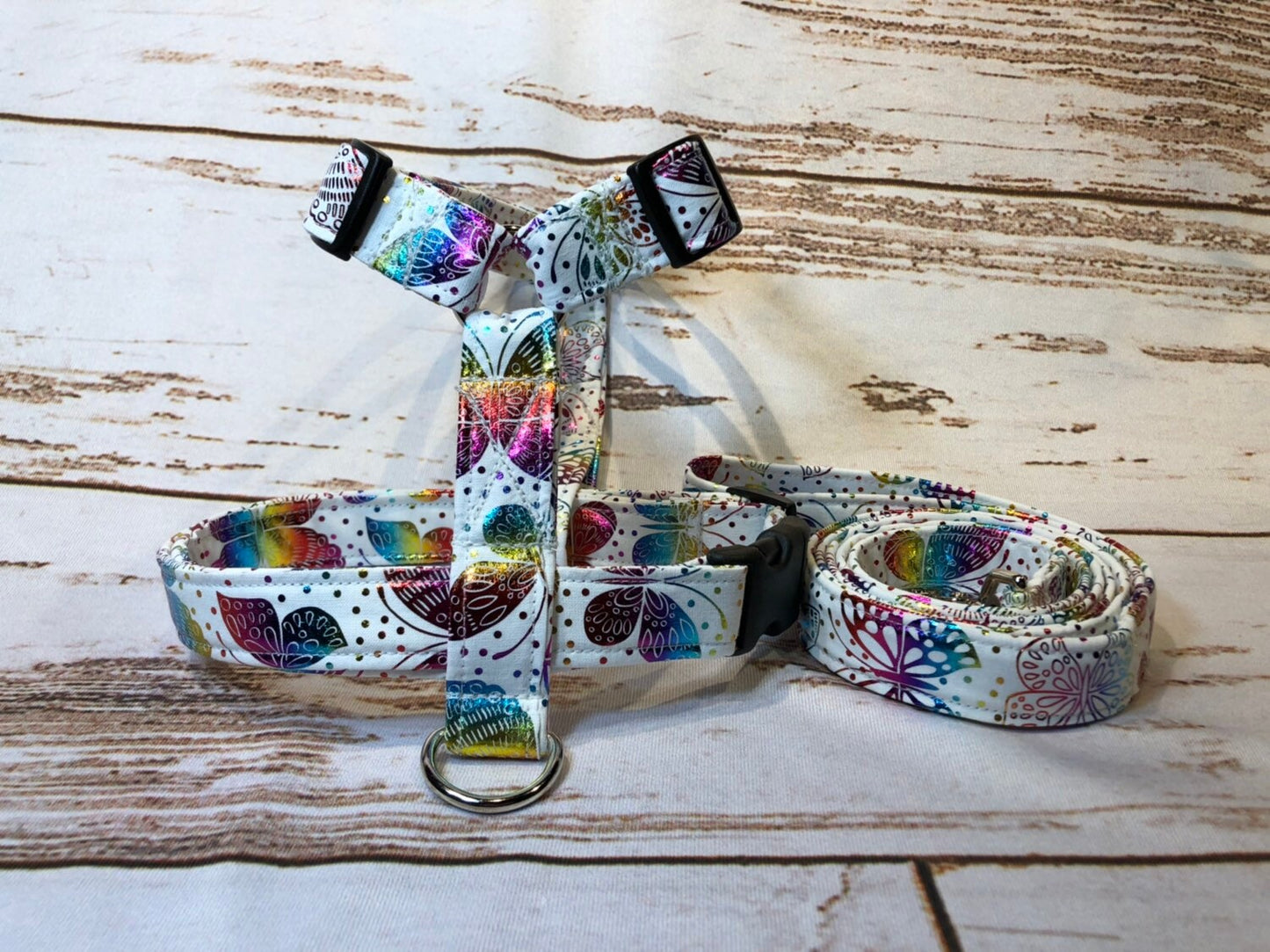 Dog harness, Harness and leash, step in harness, dog harness set, standard harness, roman dog harness, adjustable, rainbow butterflies