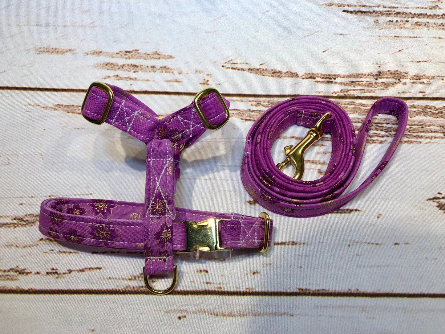 Dog harness, Harness and leash, step in harness, standard harness, dog harness set, brass hardware, floral dog harness, purple floral
