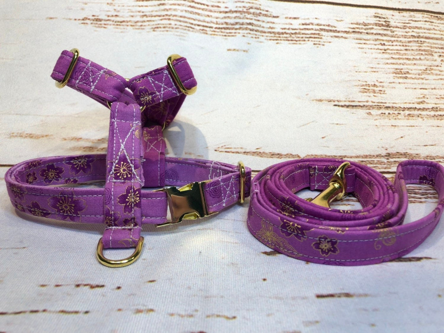 Dog harness, Harness and leash, step in harness, standard harness, dog harness set, brass hardware, floral dog harness, purple floral