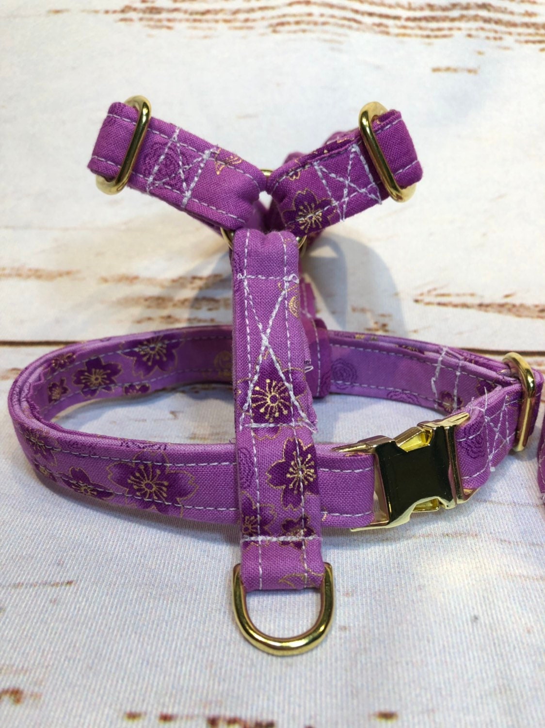 Dog harness, Harness and leash, step in harness, standard harness, dog harness set, brass hardware, floral dog harness, purple floral