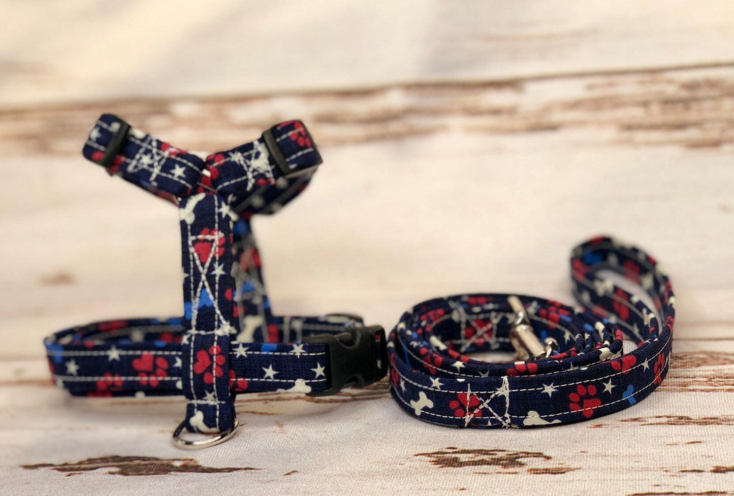 Dog harness, Harness and leash, step in harness, standard harness, dog harness set, patriotic, paw print, red white and blue, stars, paws